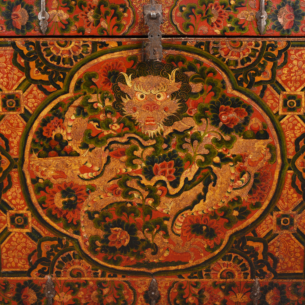 Kyung bur Dragon Detail From Old Painted Tibetan 'Dragon' Storage Chest | Indigo Antiques
