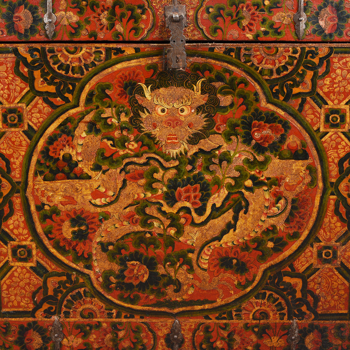 Kyung bur Dragon Detail From Old Painted Tibetan 'Dragon' Storage Chest | Indigo Antiques