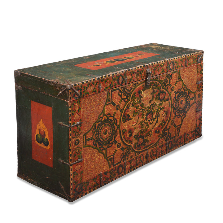 Angled View Of Old Painted Tibetan 'Dragon' Storage Chest | Indigo Antiques
