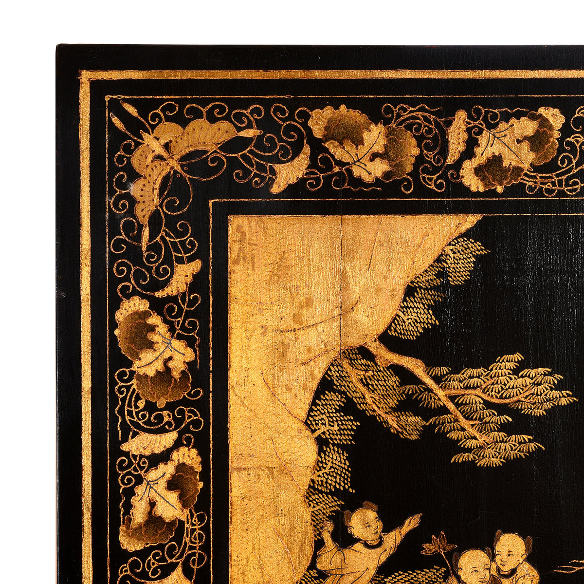 Corner Detail From Vintage Chinese Export Black Lacquer Screen  | Indigo Antiques