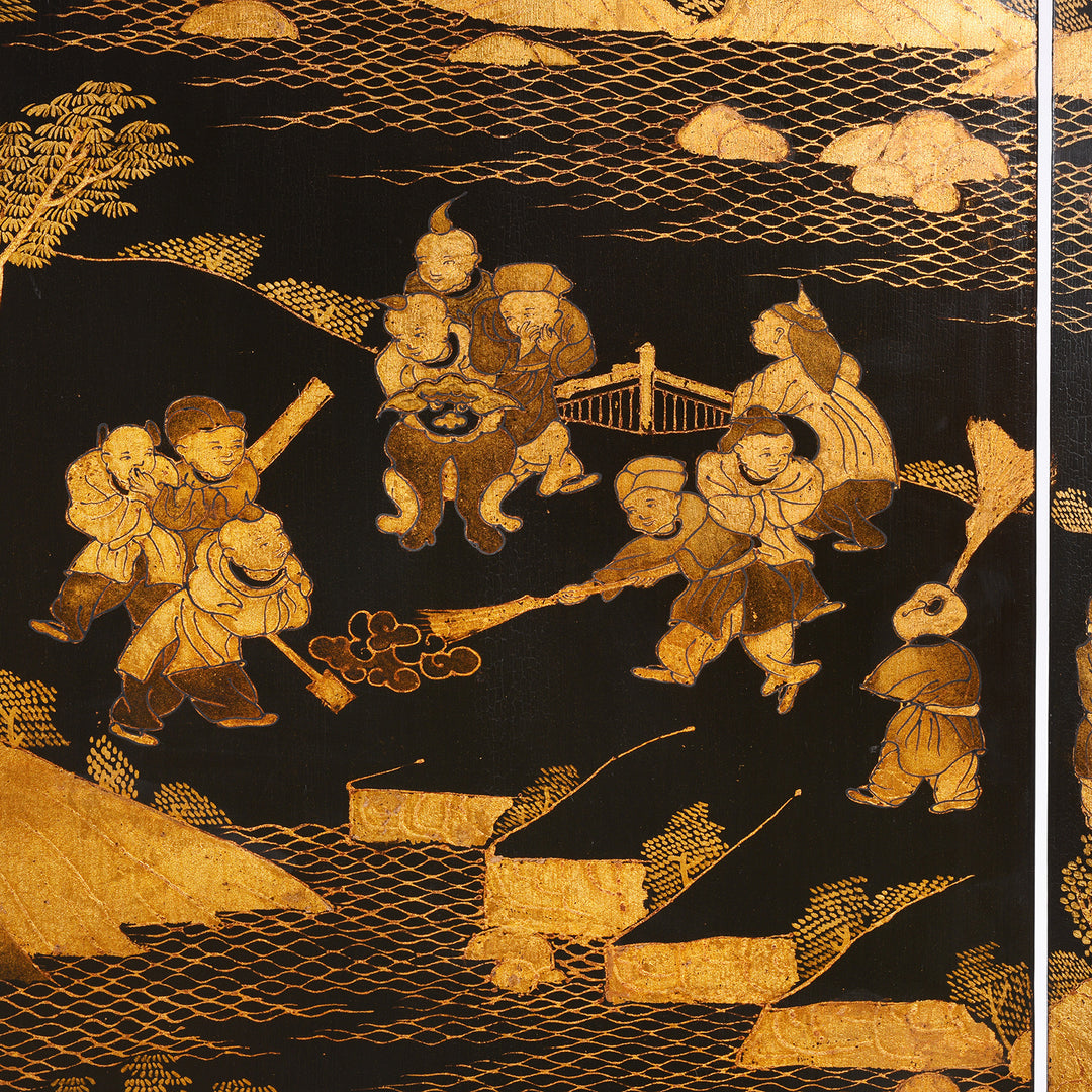 Boys Detail From Vintage Chinese Export Black Lacquer Screen  | Indigo Antiques