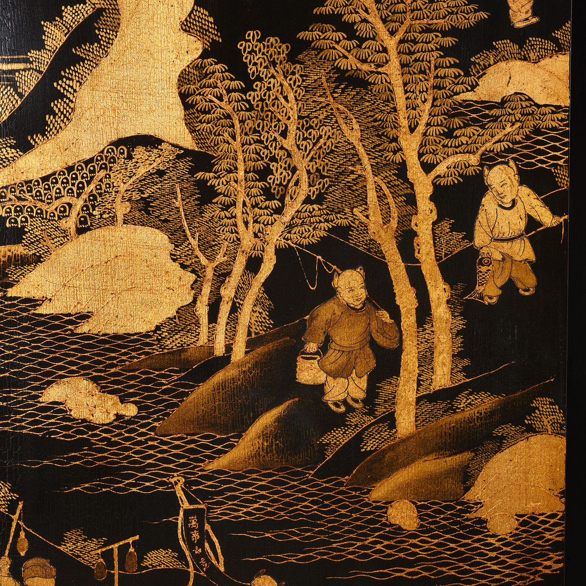Boys Detail From Vintage Chinese Export Black Lacquer Screen  | Indigo Antiques