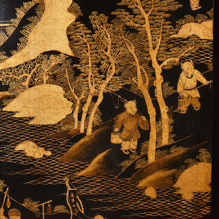 Boys Detail From Vintage Chinese Export Black Lacquer Screen  | Indigo Antiques