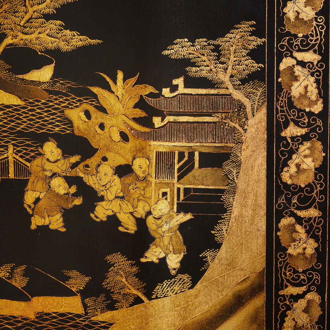 Boys Playing Detail From Vintage Chinese Export Black Lacquer Screen  | Indigo Antiques