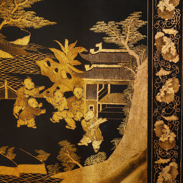 Boys Playing Detail From Vintage Chinese Export Black Lacquer Screen  | Indigo Antiques