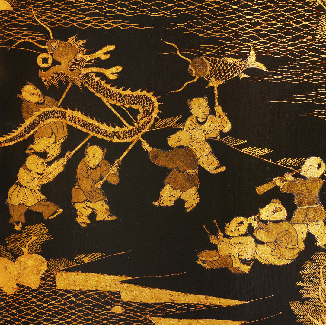 Chinese Dragon Detail From Vintage Chinese Export Black Lacquer Screen  | Indigo Antiques