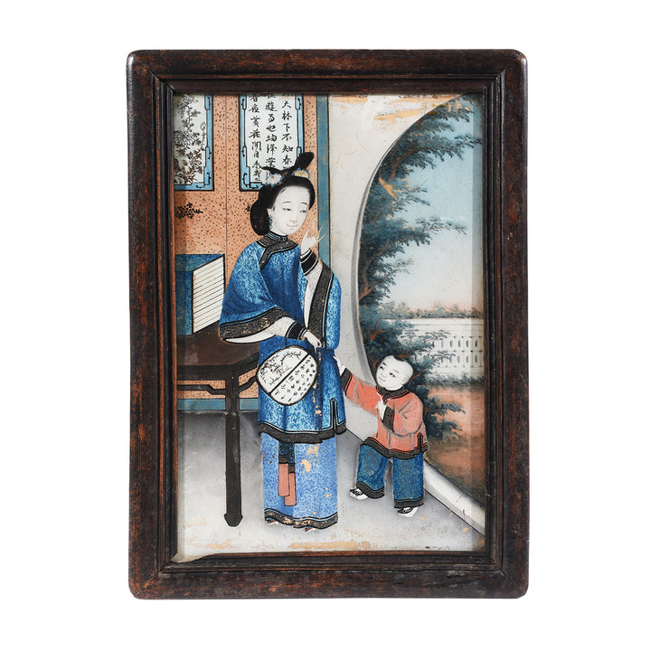 Antique Framed Canton Reverse Glass Painting of a Woman & Child | Indigo Antiques