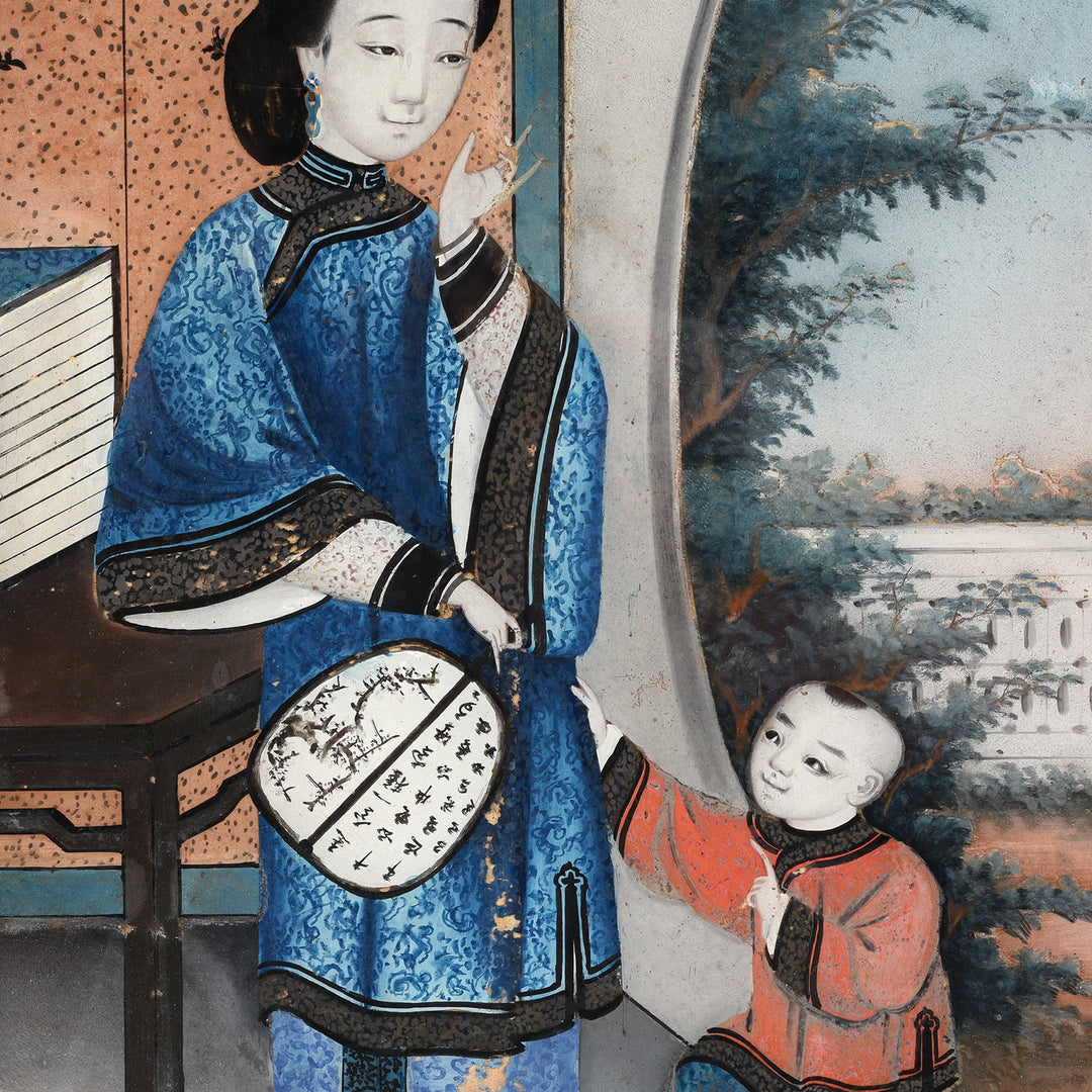 Detail From Antique Framed Canton Reverse Glass Painting of a Woman & Child | Indigo Antiques
