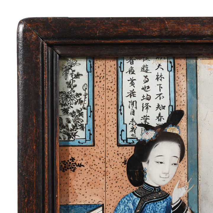 Corner Detail From Antique Framed Canton Reverse Glass Painting of a Woman & Child | Indigo Antiques