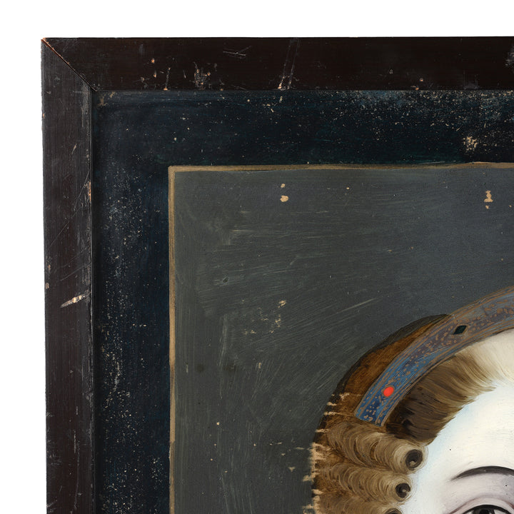 Corner Detail From Antique Framed Indian Reverse Glass Painting of Queen Charlotte | Indigo Antiques