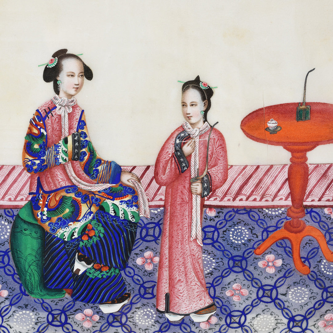 Character Detail From Watercolour Painting Of A Domestic Scene On Pith Paper I Indigo Antiques