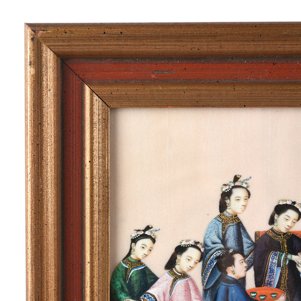 Frame Detail From Watercolour Painting Of A Domestic Scene On Pith Paper I Indigo Antiques