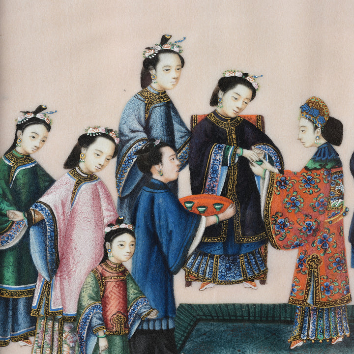 Detail From Watercolour Painting Of A Domestic Scene On Pith Paper I Indigo Antiques