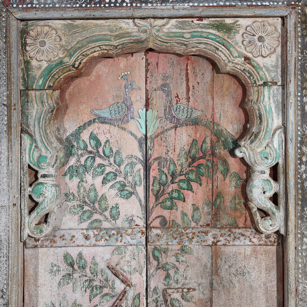 Mughal Arch And Paintwork Detail From Antique Large Painted Interior Window From Gujarat | Indigo Antiques