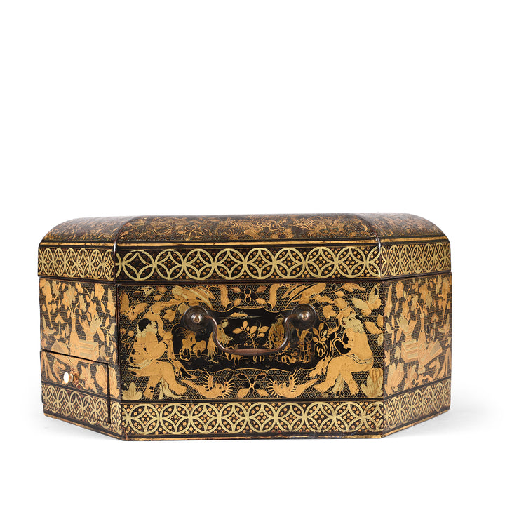 End Detail From Antique Canton Export Black Lacquer Sewing Box On Stand | Indigo Antiques