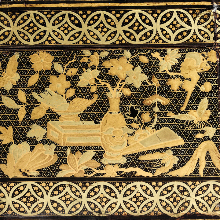 Detail From Antique Canton Export Black Lacquer Sewing Box On Stand | Indigo Antiques