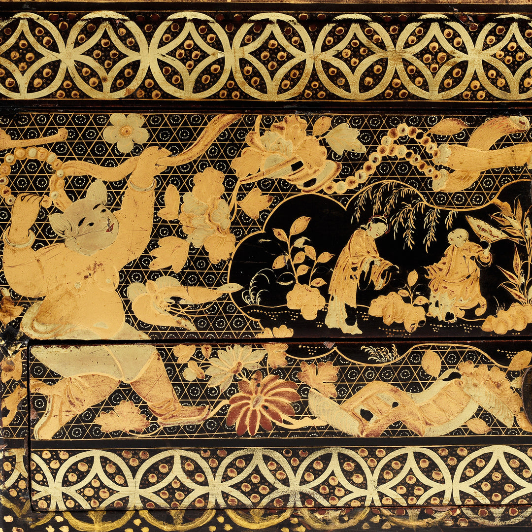 Detail From Antique Canton Export Black Lacquer Sewing Box On Stand | Indigo Antiques