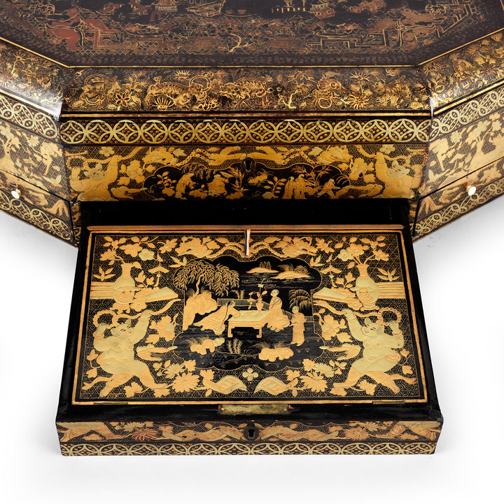 Drawer Detail From Antique Canton Export Black Lacquer Sewing Box On Stand | Indigo Antiques