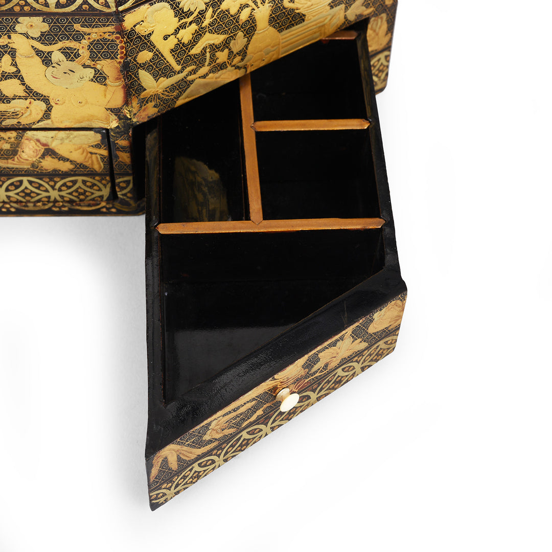 Drawer Detail From Antique Canton Export Black Lacquer Sewing Box On Stand | Indigo Antiques