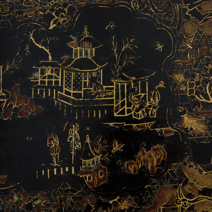 Top Detail From Antique Canton Export Black Lacquer Sewing Box On Stand | Indigo Antiques