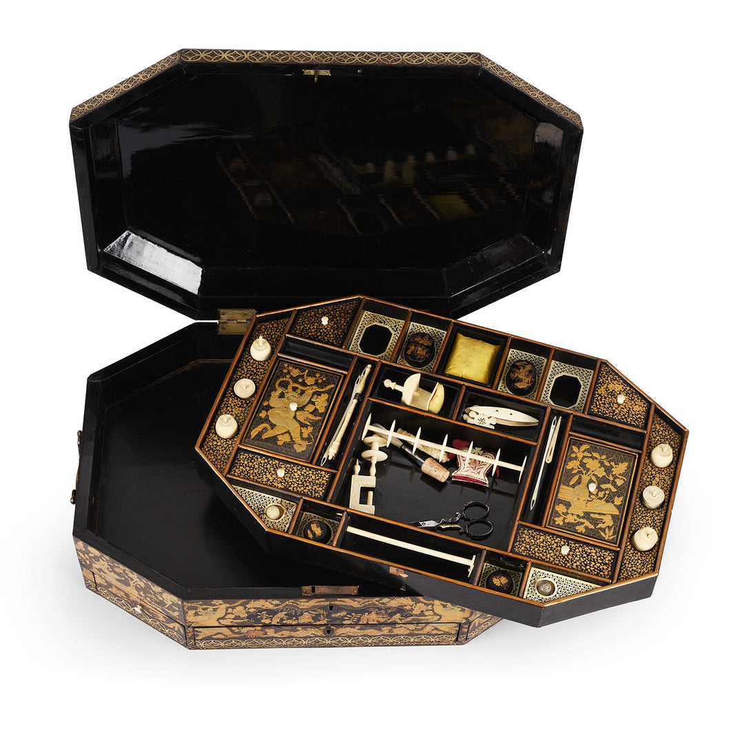 Interior Of Antique Canton Export Black Lacquer Sewing Box On Stand | Indigo Antiques