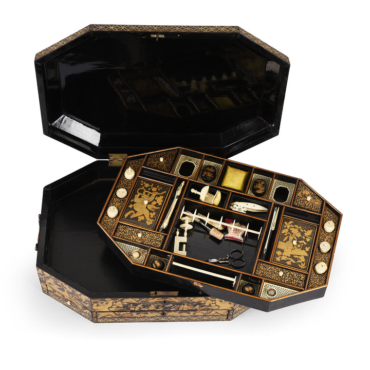 Interior Of Antique Canton Export Black Lacquer Sewing Box On Stand | Indigo Antiques