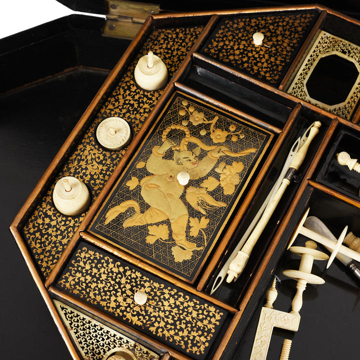 Contents Detail From Antique Canton Export Black Lacquer Sewing Box On Stand | Indigo Antiques