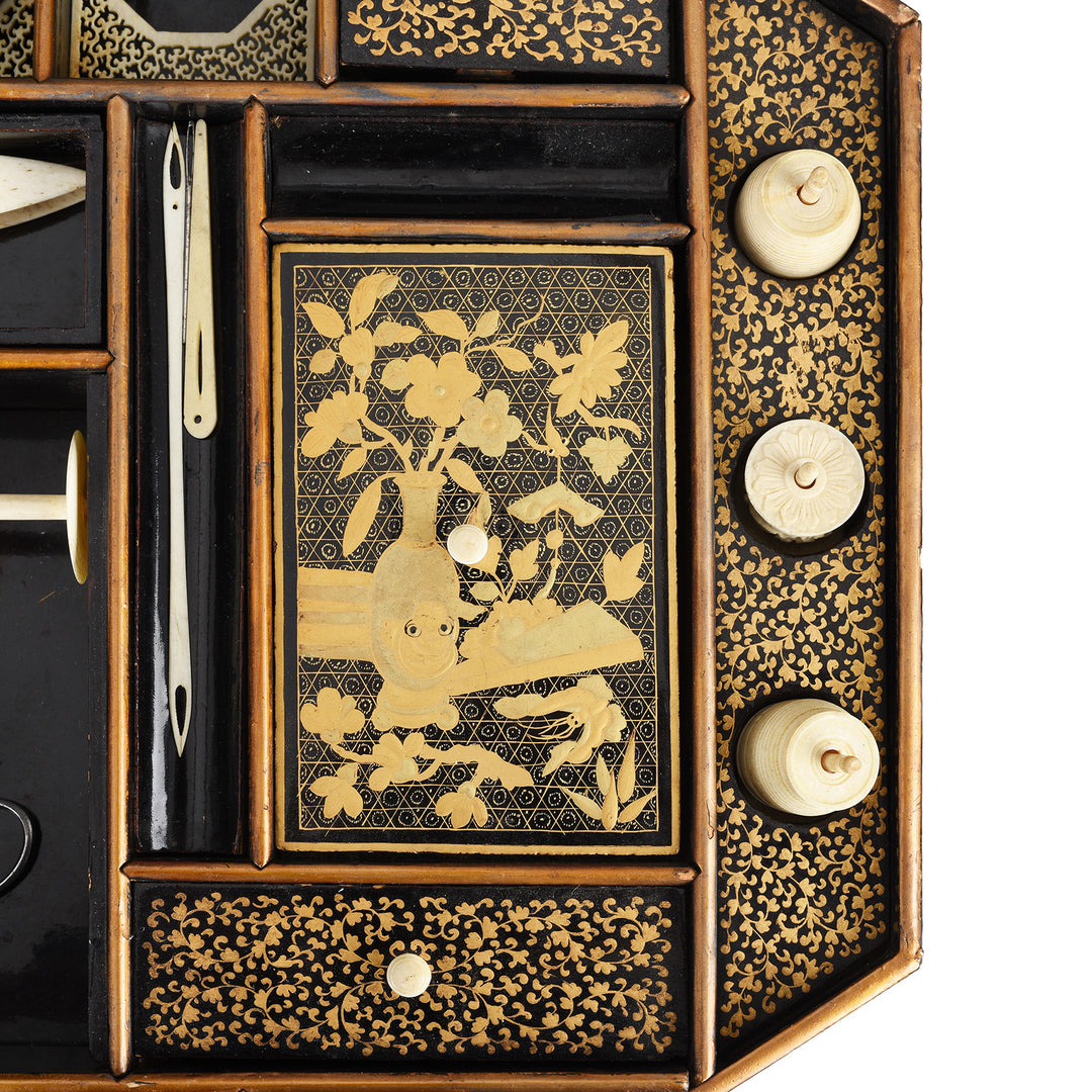 Contents Detail From Antique Canton Export Black Lacquer Sewing Box On Stand | Indigo Antiques