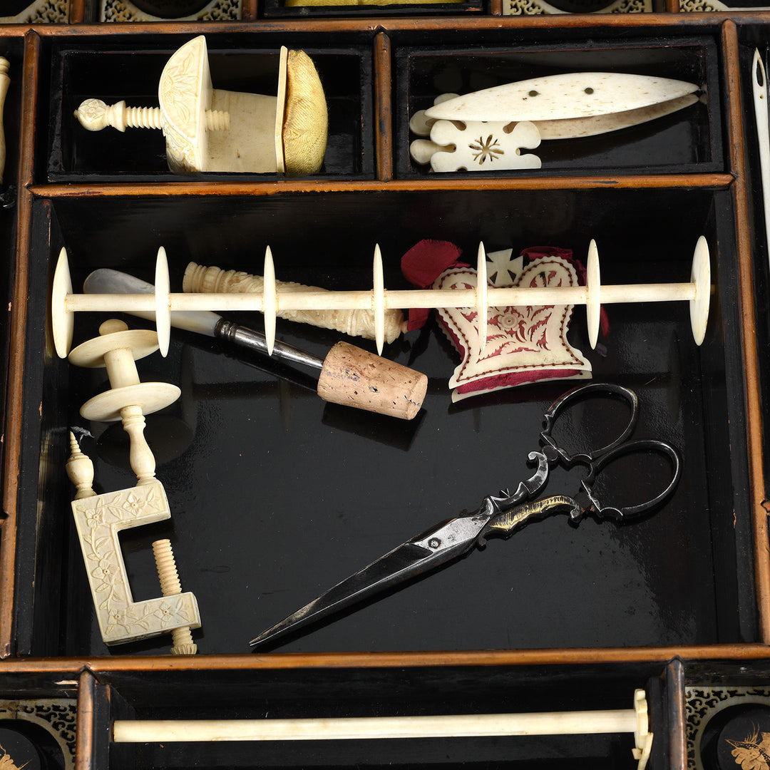 Contents Detail From Antique Canton Export Black Lacquer Sewing Box On Stand | Indigo Antiques