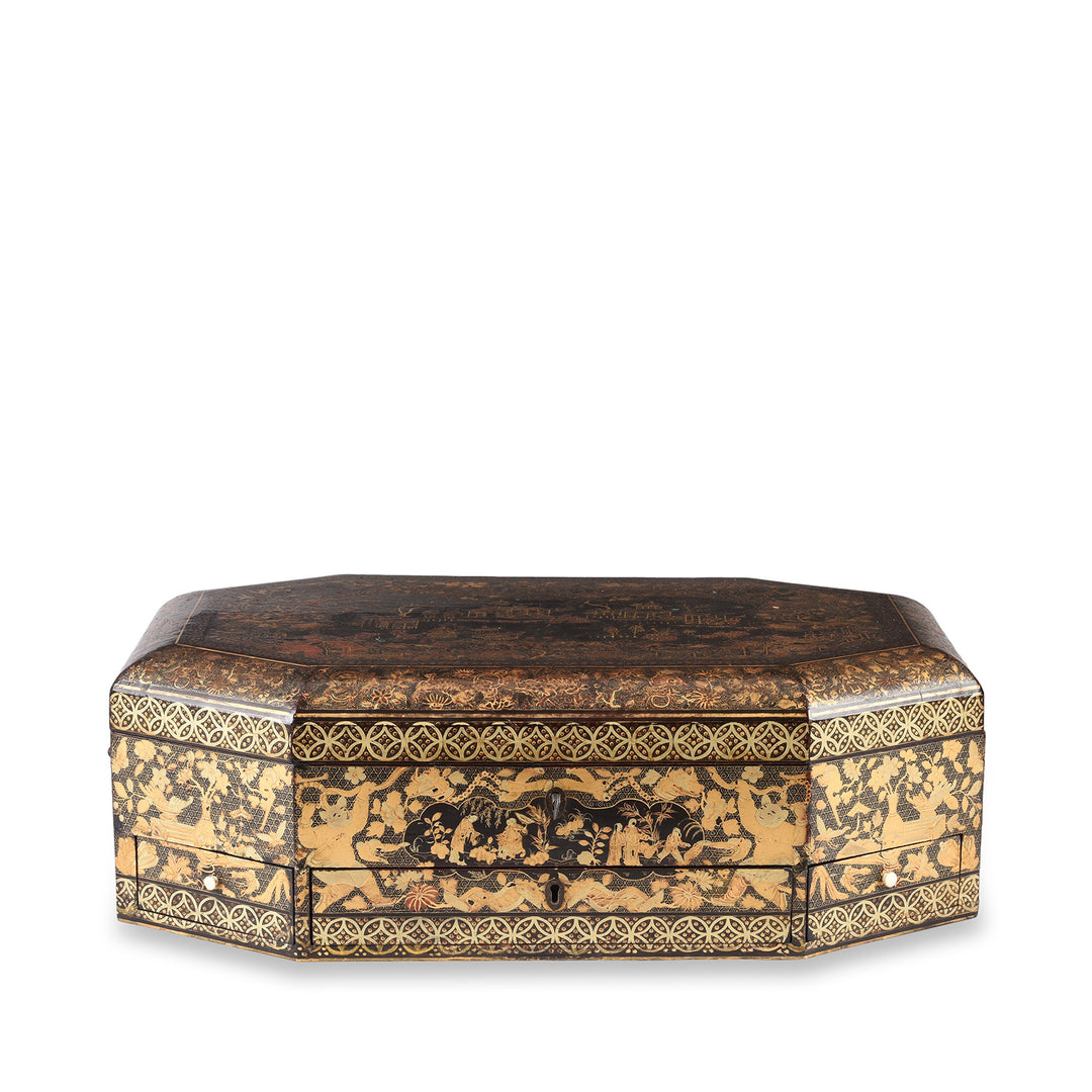 Off Stand View Of Antique Canton Export Black Lacquer Sewing Box On Stand | Indigo Antiques