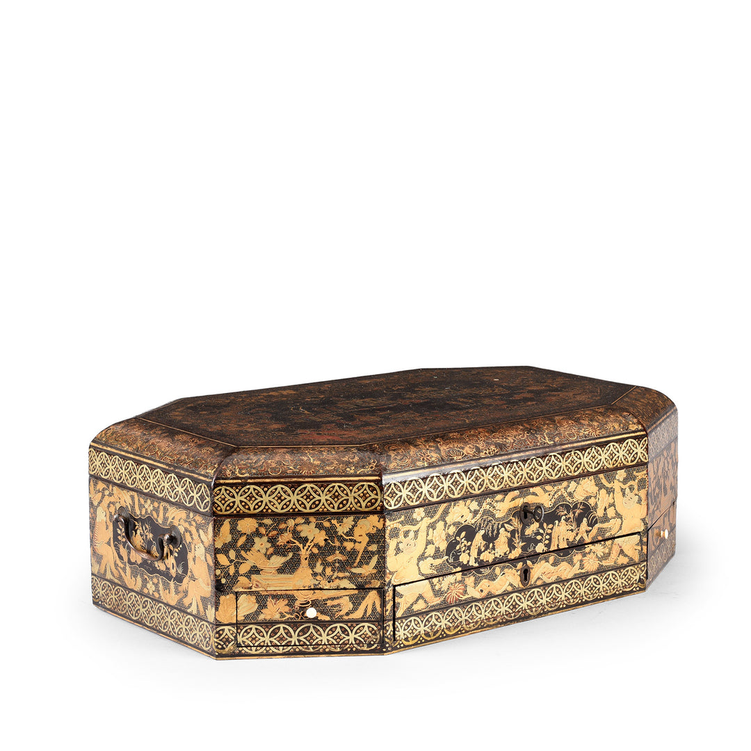 Angled VIew Of Antique Canton Export Black Lacquer Sewing Box On Stand | Indigo Antiques