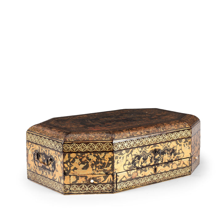 Angled VIew Of Antique Canton Export Black Lacquer Sewing Box On Stand | Indigo Antiques