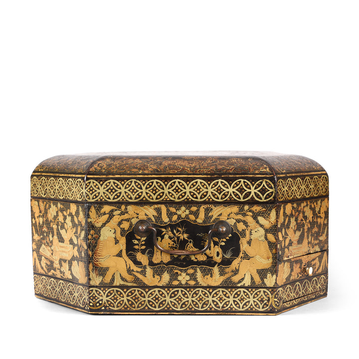 End View Of Antique Canton Export Black Lacquer Sewing Box On Stand | Indigo Antiques