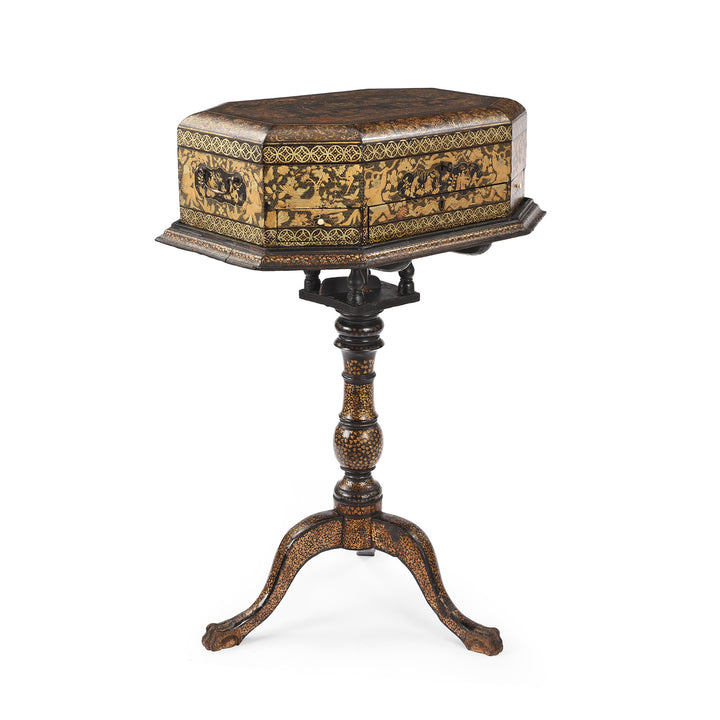 Antique Canton Export Black Lacquer Sewing Box On Stand | Indigo Antiques