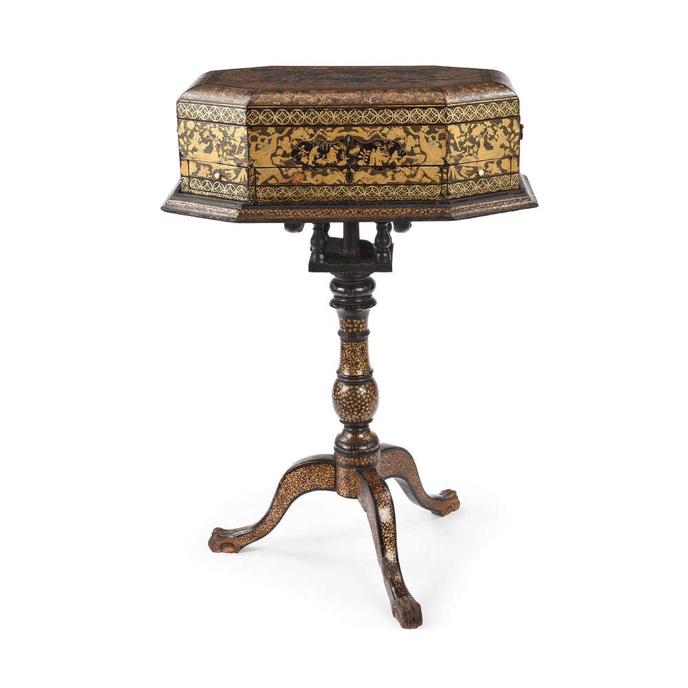 Antique Canton Export Black Lacquer Sewing Box On Stand | Indigo Antiques