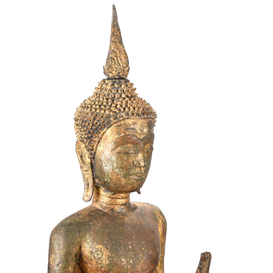 Face Detail Of Gilt Bronze Thai Standing Buddha - 18thC | INDIGO ANTIQUES