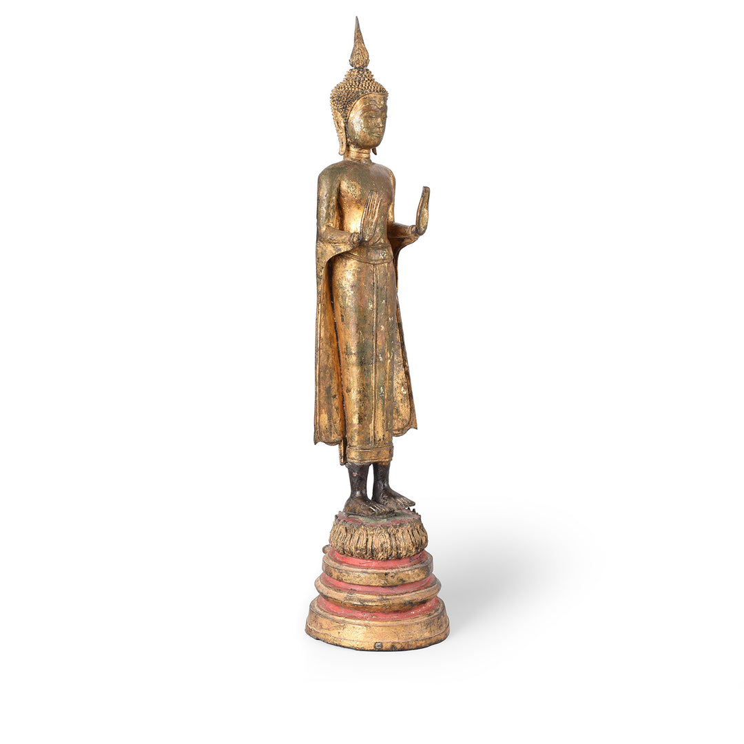 Angled View Of Gilt Bronze Thai Standing Buddha - 18thC | INDIGO ANTIQUES