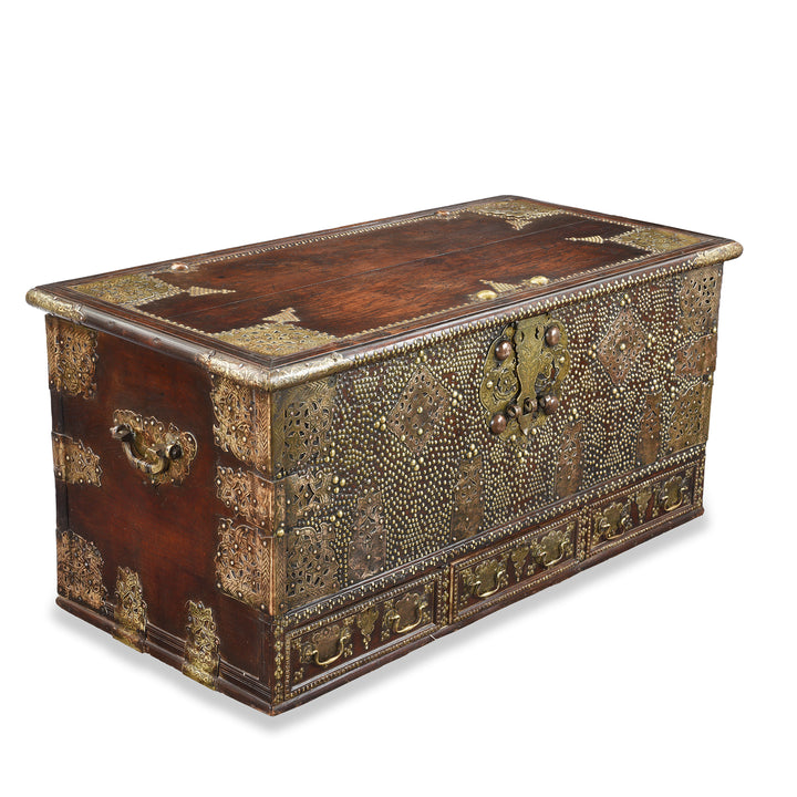 Angled View Of Antique Brass Studded Teak Zanzibar Chest From Surat | Indigo Antiques