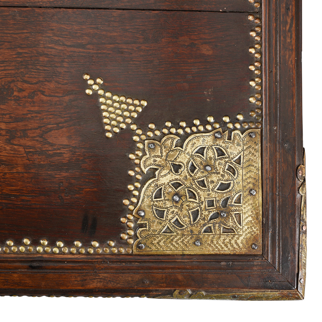 Top Corner Detail From Antique Brass Studded Teak Zanzibar Chest From Surat | Indigo Antiques