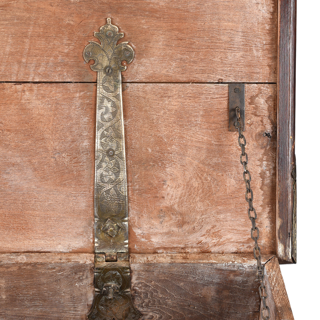 Hinge and Chain Detail From Antique Brass Studded Teak Zanzibar Chest From Surat | Indigo Antiques