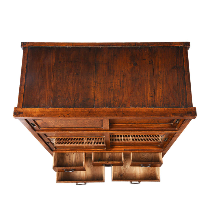Top detail of an Antique Japanese Keyaki Cha Dansu Tansu Chest - Meiji Era | Indigo Antiques
