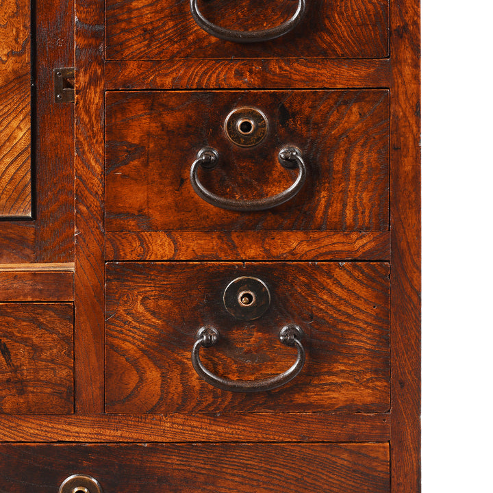 Warabite Handles detail on an Antique Japanese Keyaki Cha Dansu Tea Chest Tansu Chest - Taisho Era  | Indigo Antiques