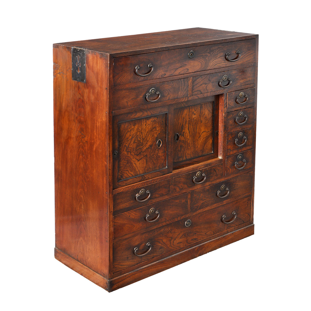 Side view of an Antique Japanese Keyaki Cha Dansu Tea Chest Tansu Chest - Taisho Era  | Indigo Antiques