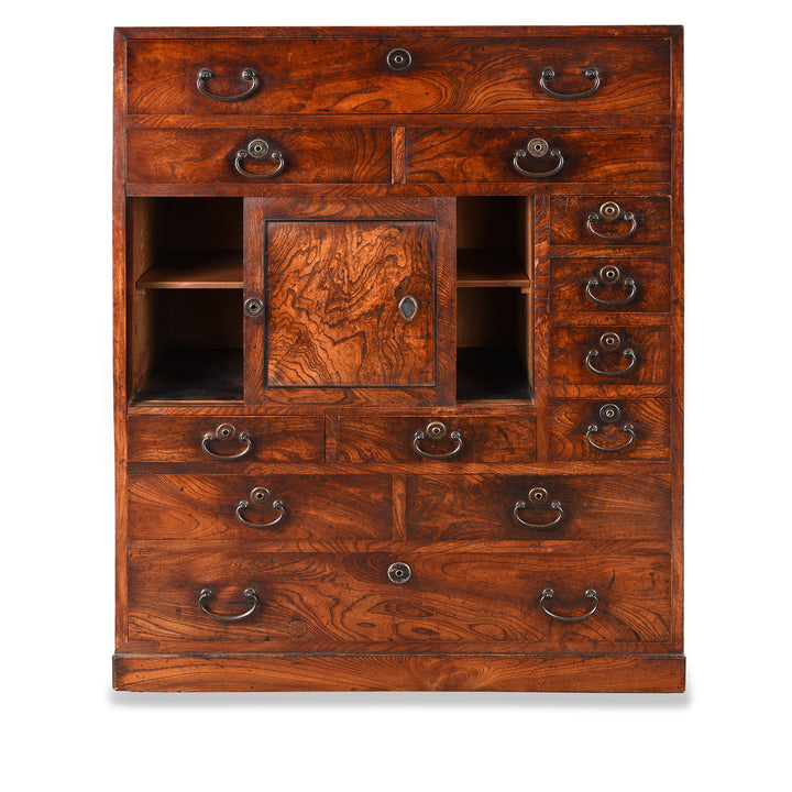 Open Doors View Of Antique Japanese Keyaki Cha Dansu Tea Chest Tansu Chest - Taisho Era  | Indigo Antiques