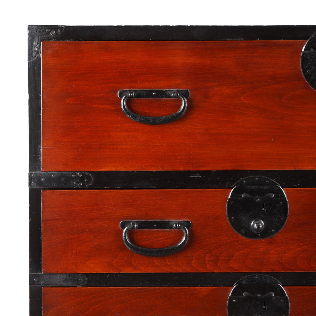 Black Iron Hardware Detail From Red & Black Lacquer Japanese Isho Dansu - Taisho Era | Indigo Antiques