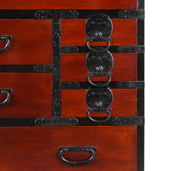 Drawer Detail From Red & Black Lacquer Japanese Isho Dansu - Taisho Era | Indigo Antiques