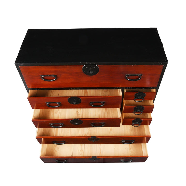 Top Down View Of Red & Black Lacquer Japanese Isho Dansu - Taisho Era | Indigo Antiques