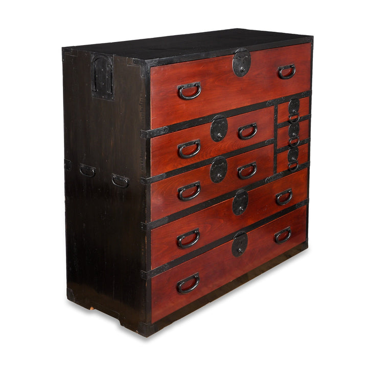 Angled VIew Of Red & Black Lacquer Japanese Isho Dansu - Taisho Era | Indigo Antiques