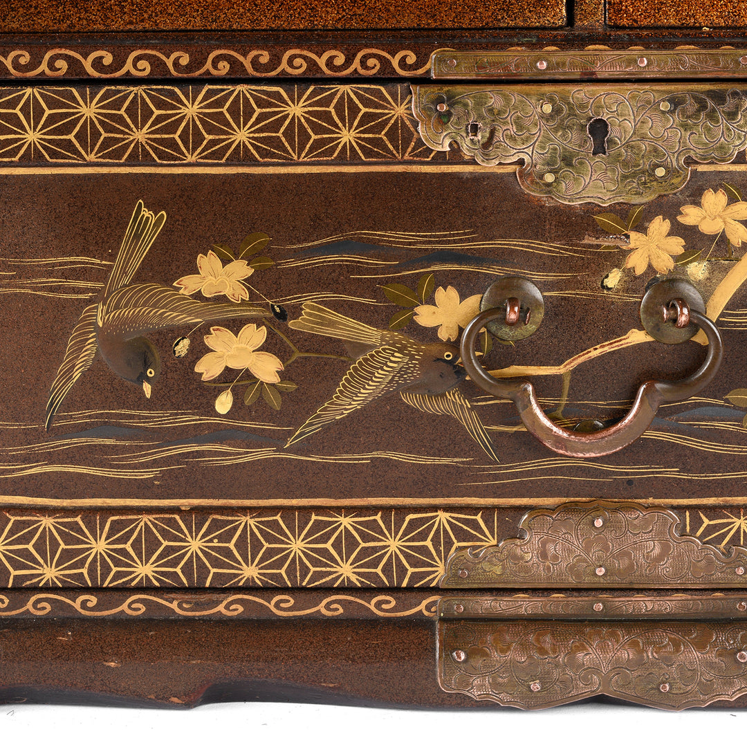 Bird Detail From Japanese Black Lacquer Kodansu Jewellery Cabinet | Indigo Antiques