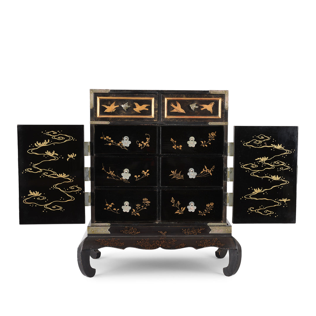 Open Doors VIew Of Japanese Black Lacquer Kodansu Jewellery Cabinet | Indigo Antiques